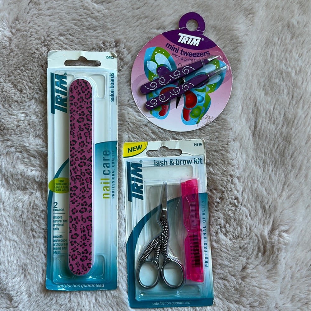 Brand new Trim mini tweezers, lash & brow kit, and salon boards (2 boards)